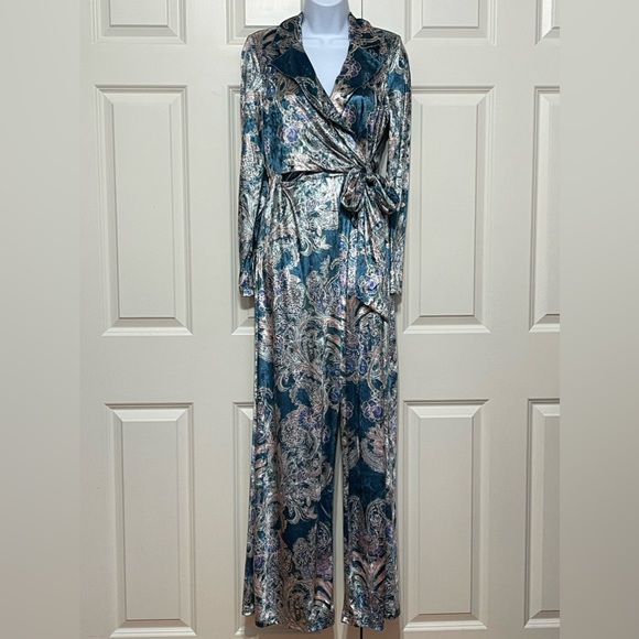 Free People Delphine Velvet Jumpsuit Printed Blue Wide Leg One Piece - Picture 3 of 6